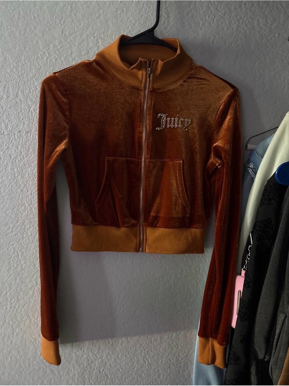 Juicy Couture Burnt Orange Velvet Zip-Up Bomber Jacket